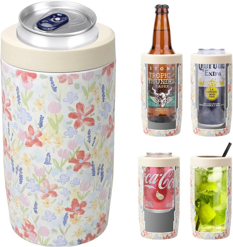 MoreFeel 4-in-1 Skinny Can Cooler Double Wall Stainless Steel Insulated Can Holder,Can Coozie, Works With 12 Oz Slim Can,Standard Cans,Beer Bottles & As Pint Cups (Floral Pink) - Image 1
